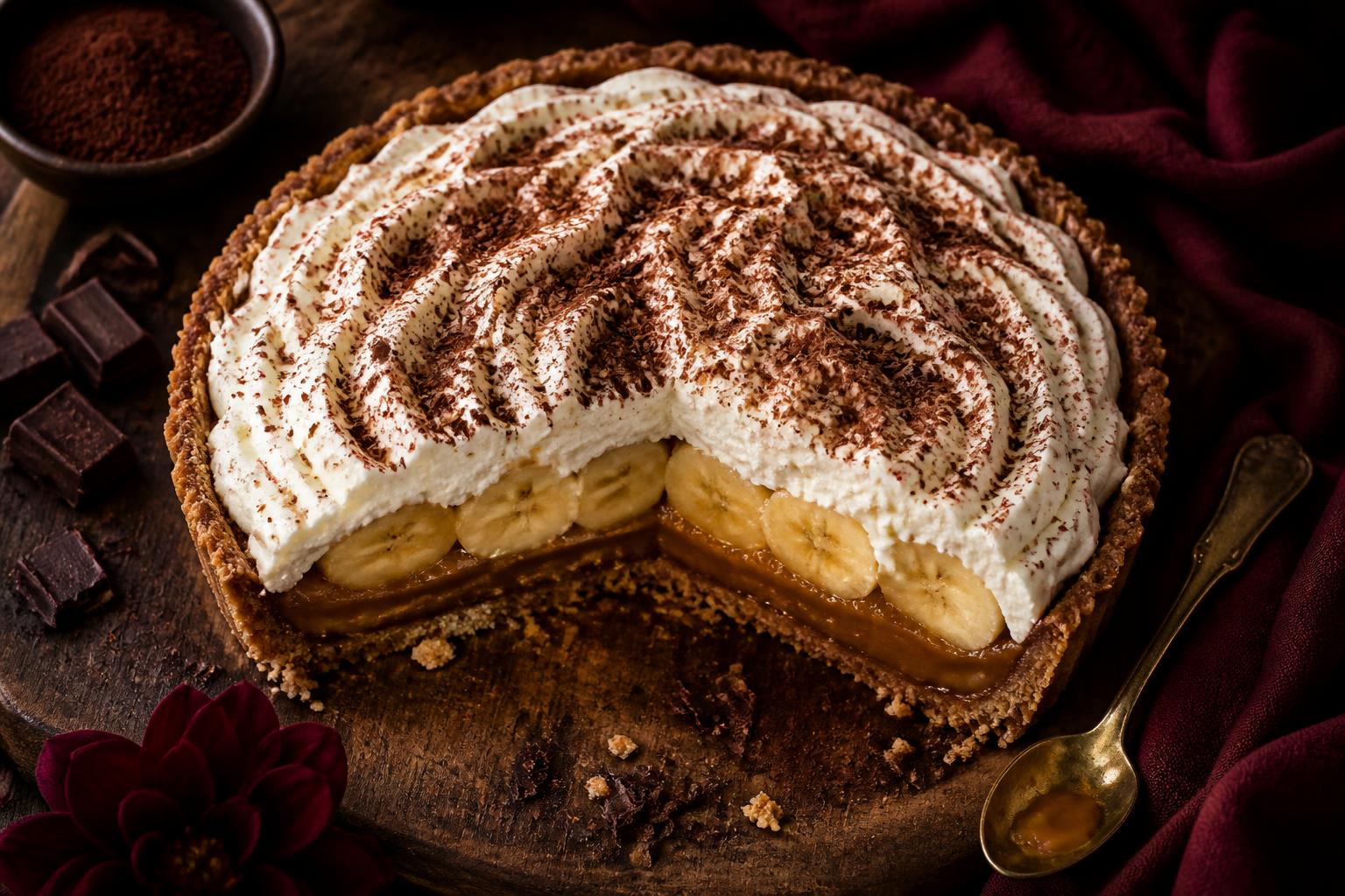 Banoffee em corte revelando camadas de biscoito, doce de leite, banana e chantilly